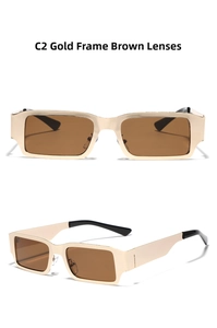 Detail view of retro rectangle sunglasses with gold metal frame and brown lenses