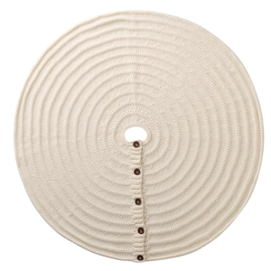 Cream white knitted Christmas tree skirt with round button closure and textured pattern