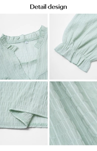Detail shots of mint green V-neck top with pleated texture and ruffle sleeves