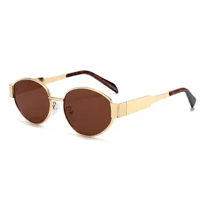 Unisex round metal sunglasses with light gold frames and brown lenses for driving
