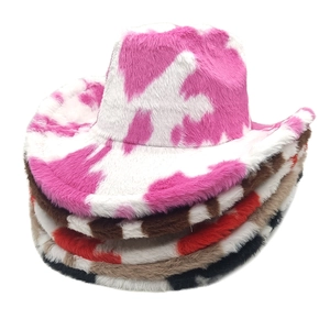 Cappello Da Cowboy Donna Peluche Pelliccia Sintetica Stampa Mucca Tesa Larga Caldo Inverno Motivo Animale Moda Streetwear