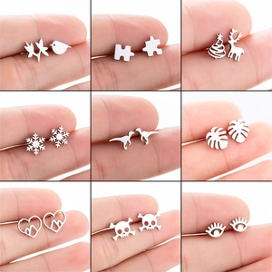 Stainless Steel Stud Earrings Minimalist Cute Dinosaur Christmas Tree Deer Snowflake Heart Mountain Skull Eye Leaf Fashion For Women