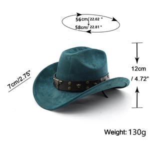 Detailed size specifications for teal suede cowboy hat with metallic bull head decor