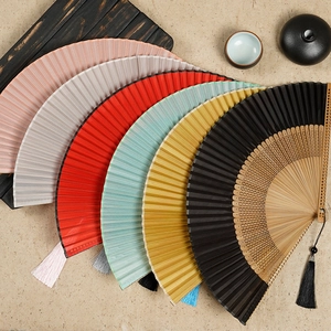 Satin Folding Fan With Carved Bamboo Ribs Elegant Chinese Style Handheld Fan For Women Wedding Dancing Gift Tassel
