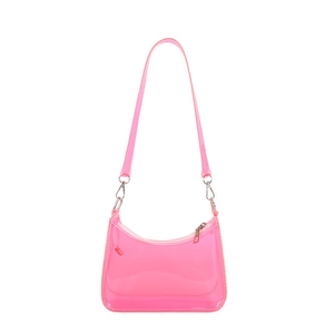 Pink transparent PVC jelly shoulder bag with zipper closure and silver hardware details