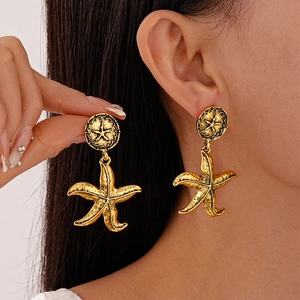 Starfish Drop Earrings With Silver Earring Post Vintage Gold Geometric Metallic Retro Style Jewelry For Women
