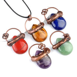 Vintage Teardrop Pendant Necklace Natural Stone Crystal Wire Wrapped Antique Copper Bohemian Nordic Style For Women