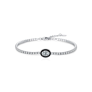 S925 Sterling silver tennis bracelet with black enamel oval charm and sparkling crystals