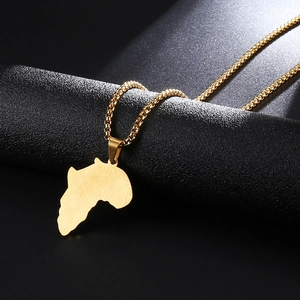 Golden stainless steel Africa map pendant necklace with brushed texture on a box chain