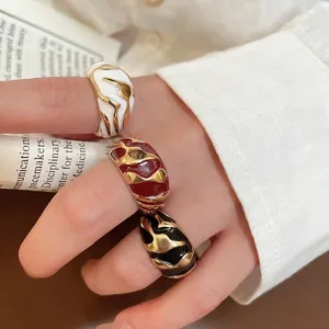 Chunky Alloy Open Ring With Enamel Irregular Wave Texture Gold Plated Retro Fashion Adjustable Jewelry For Women