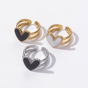 Adjustable 304 stainless steel heart rings with black enamel and marble texture finish