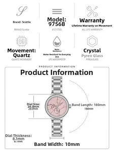 Detail specifications of women quartz watch with pink marble dial and silver steel band