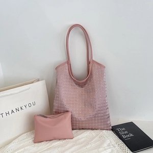 Pink rhinestone tote bag set with two-piece crossbody shoulder bag and matching pouch