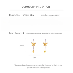 Detailed size specifications for zircon butterfly drop earrings showing 7.8cm height
