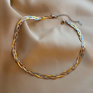 Three-tone braided flat snake chain necklace in gold, silver and rose gold tones