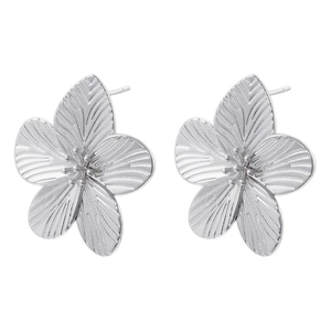 Detailed macro view of silver flower stud earrings with delicate petal vein texture