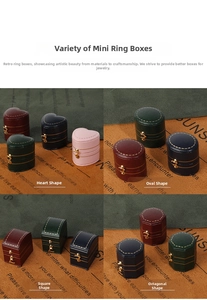 Detailed view of mini leather ring boxes in heart, oval, square, and octagonal shapes