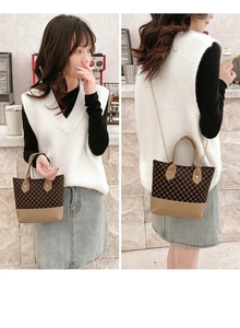 Dual-view showing vintage printed handbag with classic patterns and chain strap