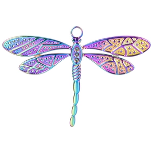 Macro shot of 18k plated rainbow dragonfly pendant with textured wings and metal finish