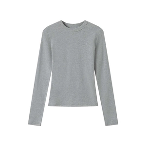 Detail shot of the ribbed texture and fine stitching on a grey modal long sleeve top
