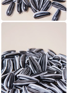 Macro shot of realistic PVC sunflower seeds with black and white stripes and 3D texture