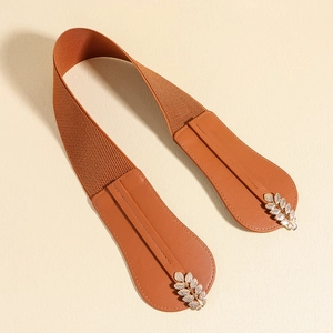 Detail of leaf-shaped gold buckle with crystals on a brown elastic waist belt