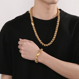 Men's gold-plated stainless steel necklace and bracelet set with dragon scale texture