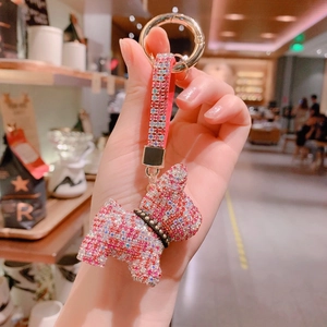 Portachiavi bulldog francese scintillante con strass rosa e cinturino in pelle