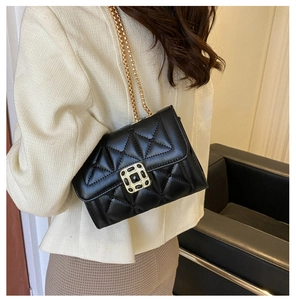 Close-up of quilted black leather chain bag texture with vintage gold metal buckle
