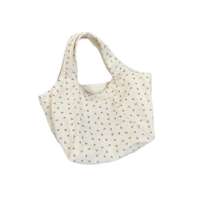 Minimalist corduroy floral tote bag in cream white with vintage red flower patterns