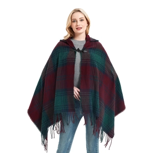 Women's plaid hooded poncho with acrylic knit pattern, leather toggle and fringe hem
