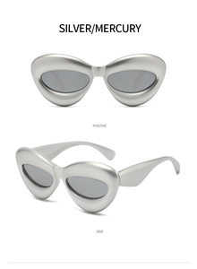 Macro detail of silver bubble cat-eye sunglasses with futuristic thick frame and grey lens
