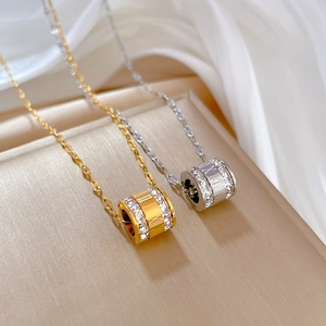 Titanium steel cylinder necklace with roman numerals and zircon in gold and silver finish