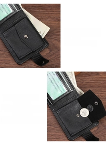 Detail of black pebbled leather men's wallet showing card slots and a buckle coin pocket