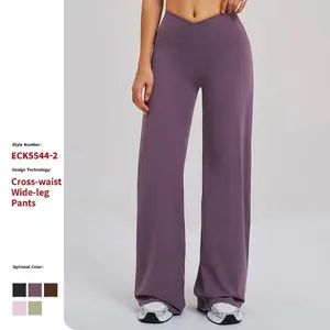 Pantalons Jambe Large Taille Haute Croisée Femmes Brossé Haute Élasticité Sport Course Yoga Pantalons Longs Couleur Unie Extérieur Décontracté Fitness