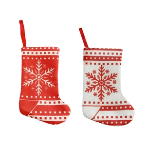 Mini Christmas stocking cutlery holders with snowflake knit patterns in red and white