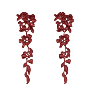 Elegant deep red floral tassel earrings with vintage flower and leaf design in metal