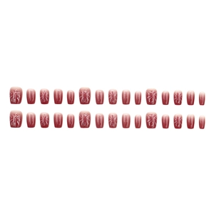 Short square burgundy gradient press-on nails set with glitter firework patterns