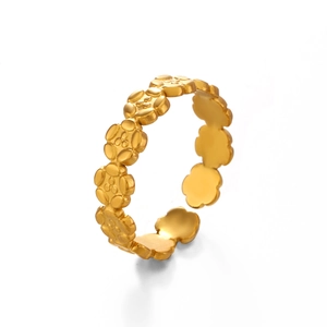 Adjustable 18K gold plated stainless steel open ring featuring minimalist floral patterns