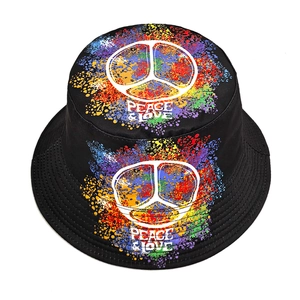 Fashionable black cotton bucket hat with colorful Peace & Love graffiti print