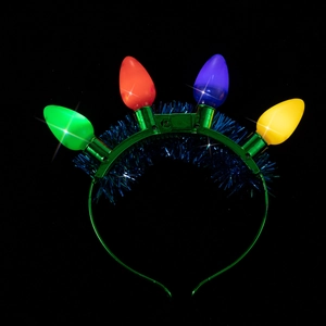 Detail of Christmas headband with colorful LED light bulbs and sparkling blue tinsel