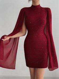 Rhinestone Glitter Bodycon Minikleid Chiffon Cape Umhang Ärmel Hoher Hals Gerippter Strick Elegant Abendparty Slim Fit