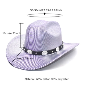 Western style purple glitter cowboy hat with studded black band and wide brim design