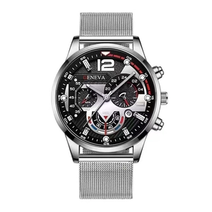 Men's silver mesh band watch with black multi-dial face and luminous markers by Geneva