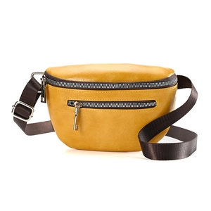 Litchi grain yellow leather chest bag for women with brown nylon strap and metal zipper