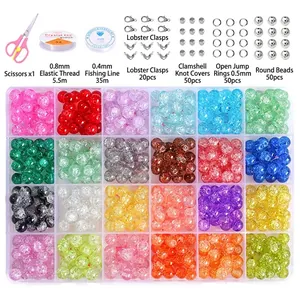 8mm glass bead jewelry making kit with 24 colors, elastic cord, scissors and metal findings