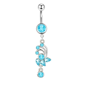 Silver 14G belly button ring with sparkling blue gemstones in a leaf and round design
