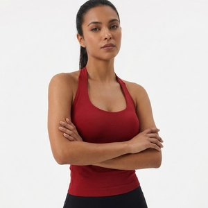 Detail of dark red square neck halter sports vest with built-in padding and U-neckline