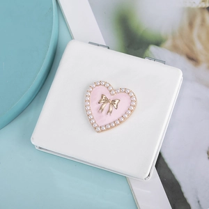 Portable square PU leather makeup mirror with pink heart pearl and golden bow detail