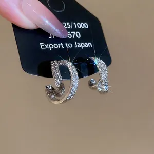 Elegant 925 sterling silver double-layer C-shaped stud earrings with sparkling cubic zirconia